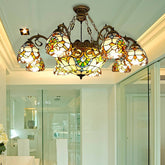 Victorian Style Stained Glass Chandelier - 9-Light Pendant Lamp for Living Room with Dome and Bell Shades - This beautiful and unique chandelier is perfect for giving your living room an upgrade. With a Tiffany-style stained glass shade and five or more ligh